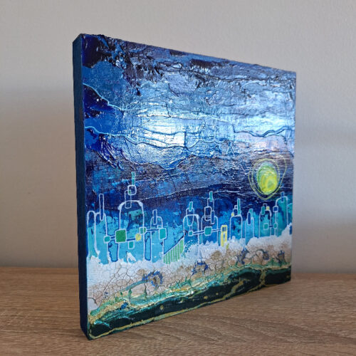 Petit tableau acrylique paysage urbain futuriste - 20cm x 20cm – Image 2