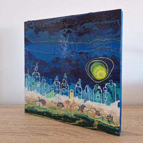 Petit tableau acrylique paysage urbain futuriste - 20cm x 20cm – Image 3